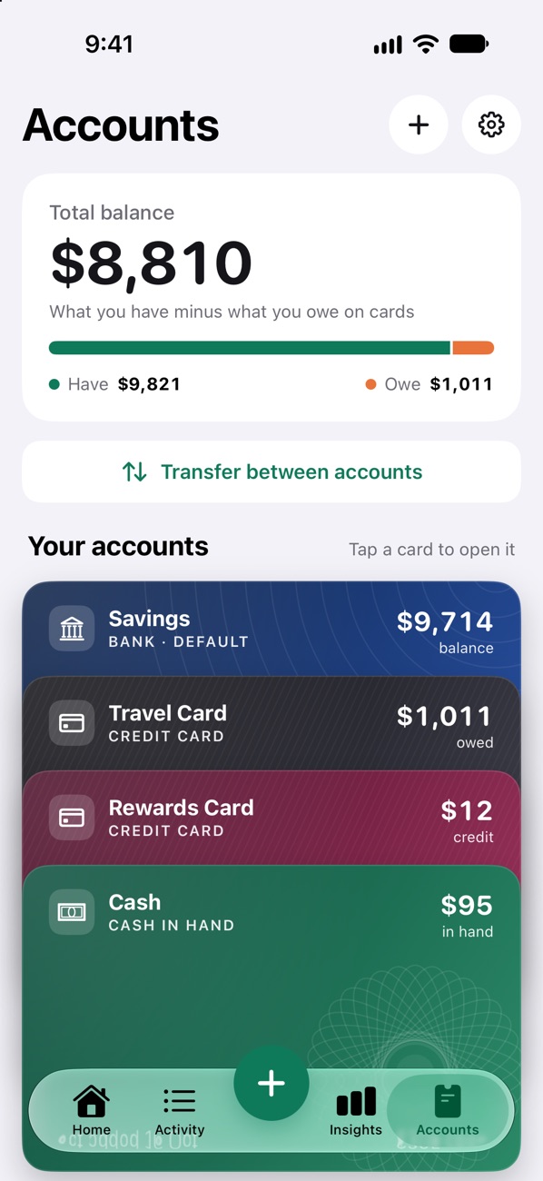 Accounts: total balance with a savings account, two credit cards and cash as stacked cards