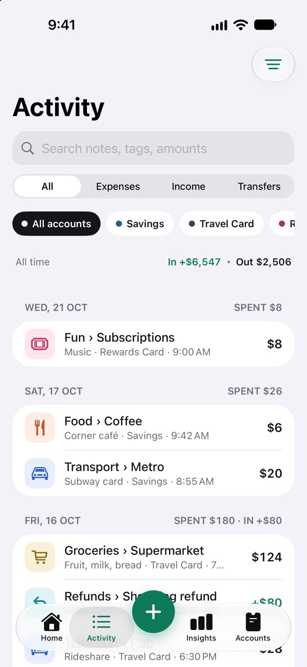 Activity: search, filters and entries grouped by day