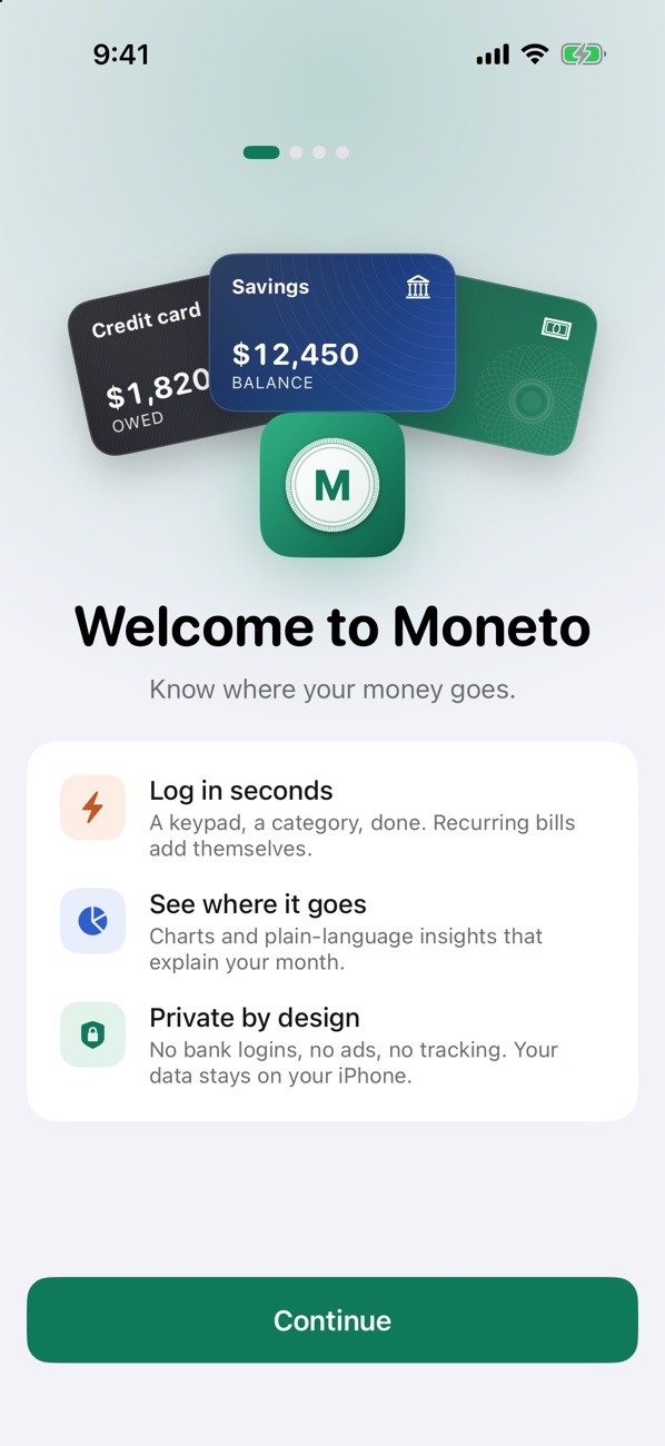 Welcome screen with sample account cards fanned behind the Moneto coin